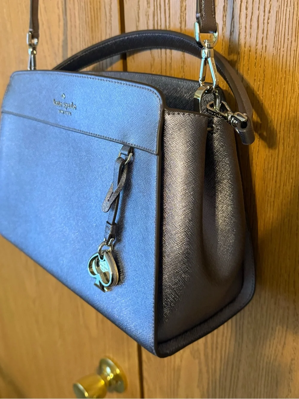 kate spade metallic pewter top-handle satchel with charm